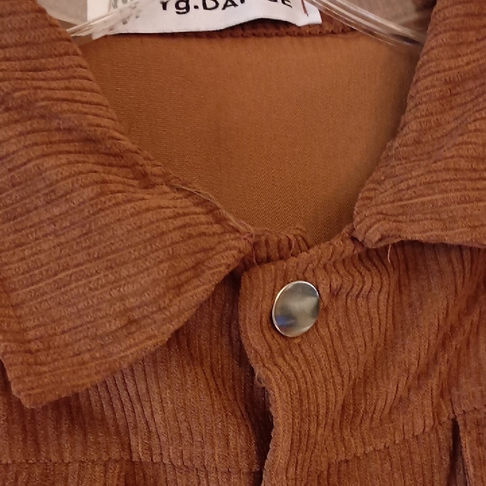 Brown Corduroy Short-Sleeve Button-Front Midi Dress, P2P 18", L 42", W 27" - Picture 3 of 9